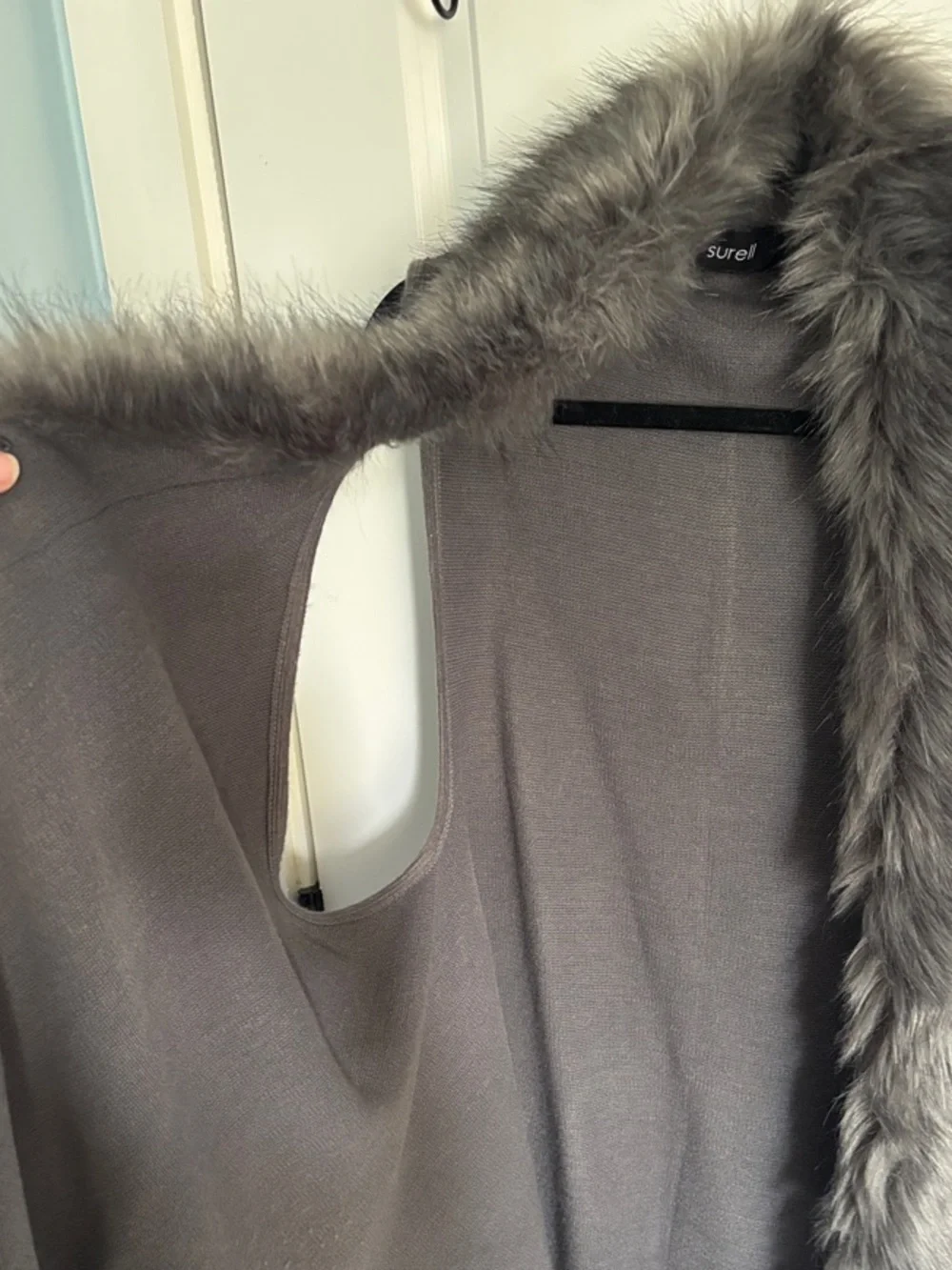 Surell Gray Faux Fur-Trim Sleeveless Cardigan